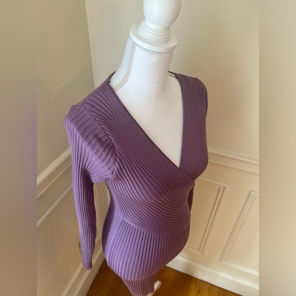 Purple Bodycon Knit Wrap Midi Sweater Dress - Picture 3 of 5
